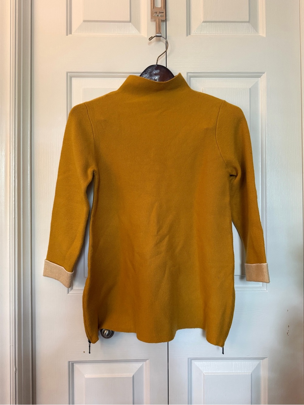 Tahari Mustard Yellow Mock Neck Sweater with Contrast Cuffs